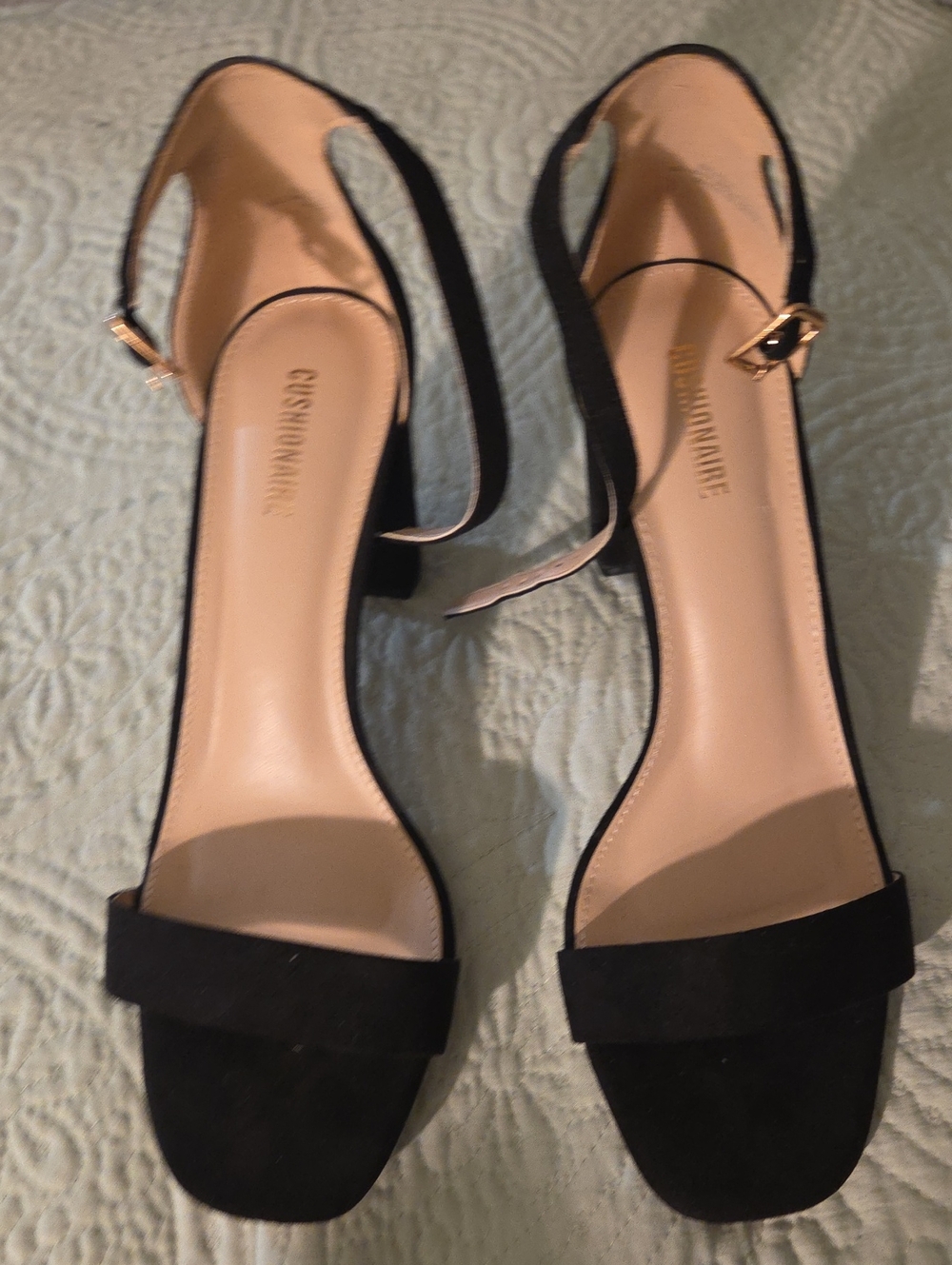 Black Suede Ankle-Strap Heels with Gold Buckle